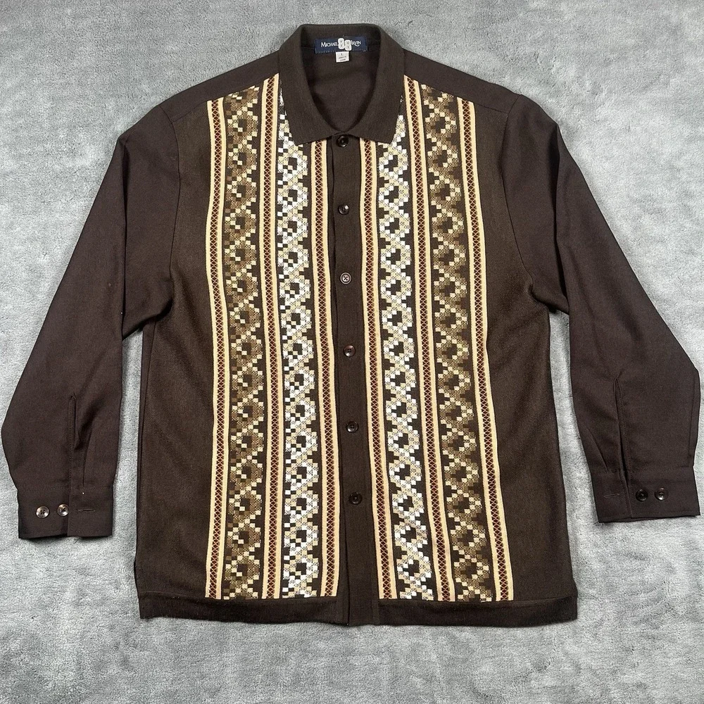 MICHAEL IRVIN 88 Men Vintage Brown Collared Knit Button Cardigan Shirt Sweater